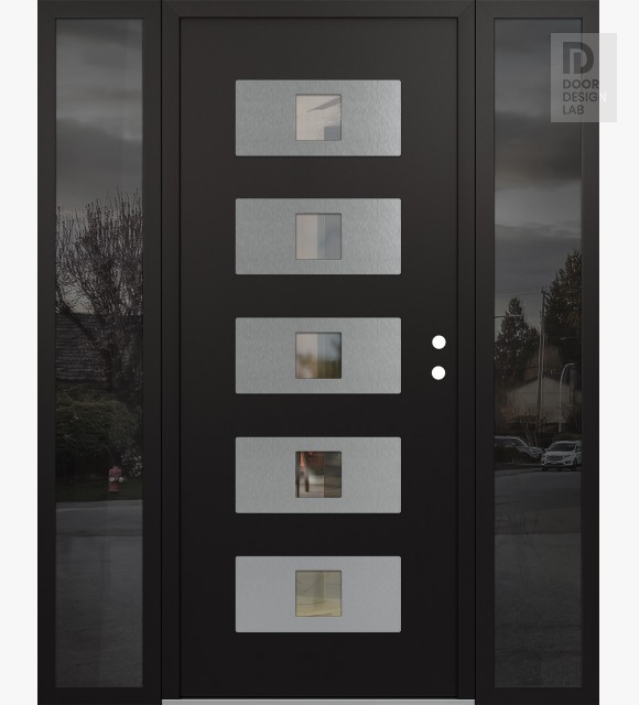 Modern Steel Front Door Diamond D8 60" x 80" black/black clear Glass Panel stainless steel LHI with 2 Sidelites mirrored Glass