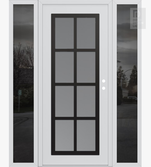 Modern Steel Front Door Diamond C16 64" x 80" white/white frosted Glass Panel black LHI with 2 Sidelites mirrored Glass