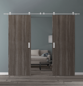 DOUBLE BARN DOOR PALLADIO GRAY OAK 48" X 96" X 1 9/16" SOLID CORE STAINLESS STEEL HARDWARE