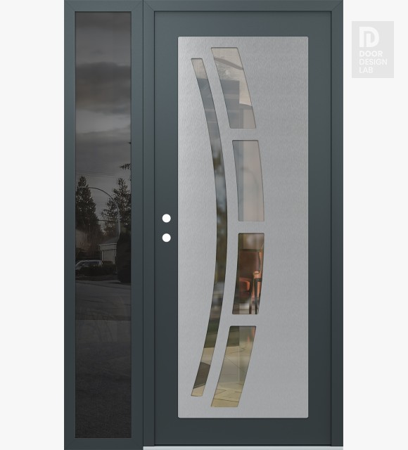 Modern Steel Front Door Diamond C12 52" x 80" anthracite/anthracite clear Glass Panel stainless steel RHI with Sidelite mirrored Glass