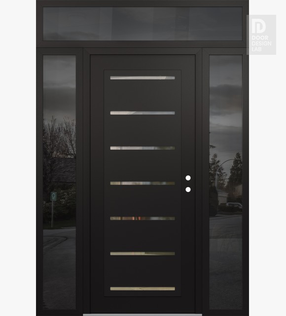 Modern Steel Front Door Diamond C11 60" x 96" black/black clear Glass Panel black LHI with 2 Sidelites and Transom mirrored Glass