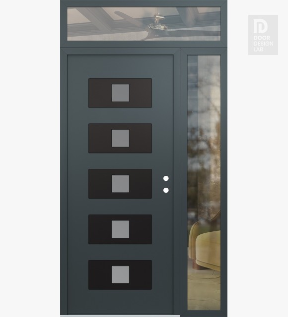 Modern Steel Front Door Diamond D8 48" x 96" anthracite/anthracite frosted Glass Panel black LHI with Sidelite and Transom clear Glass