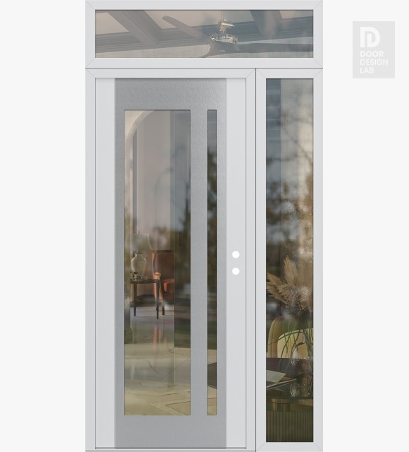 Modern Steel Front Door Diamond C15 52" x 96" white/white clear Glass Panel stainless steel LHI with Sidelite and Transom clear Glass