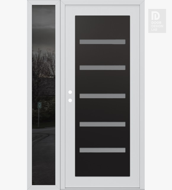 Modern Steel Front Door Diamond C7 52" x 80" white/white frosted Glass Panel black LHI with Sidelite mirrored Glass