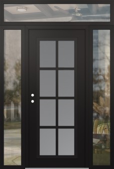Diamond C16 60" x 96" black/white frosted Glass Panel black RHI with 2 Sidelites and Transom clear Glass