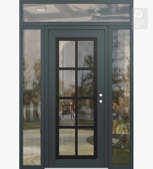 Modern Steel Front Door Diamond C16 64" x 96" anthracite/anthracite clear Glass Panel black LHI with 2 Sidelites and Transom clear Glass