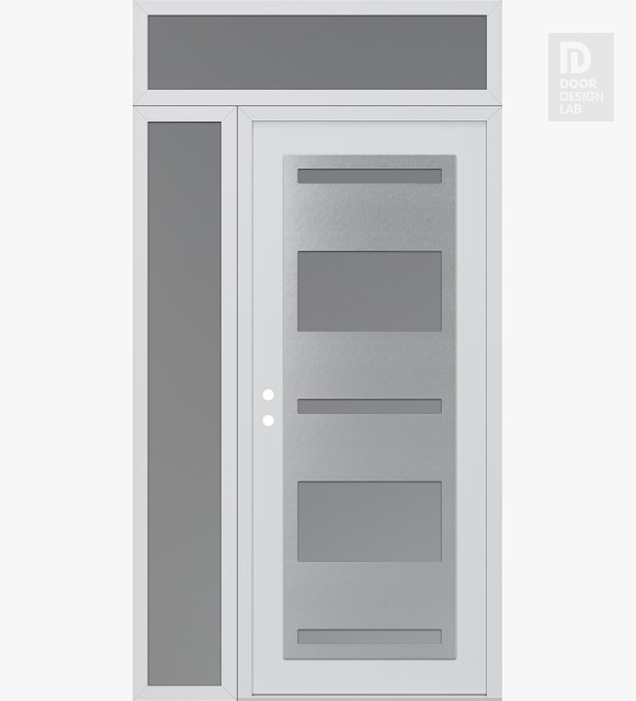 Modern Steel Front Door Diamond C10 48" x 96" white/white frosted Glass Panel stainless steel RHI with Sidelite and Transom frosted Glass