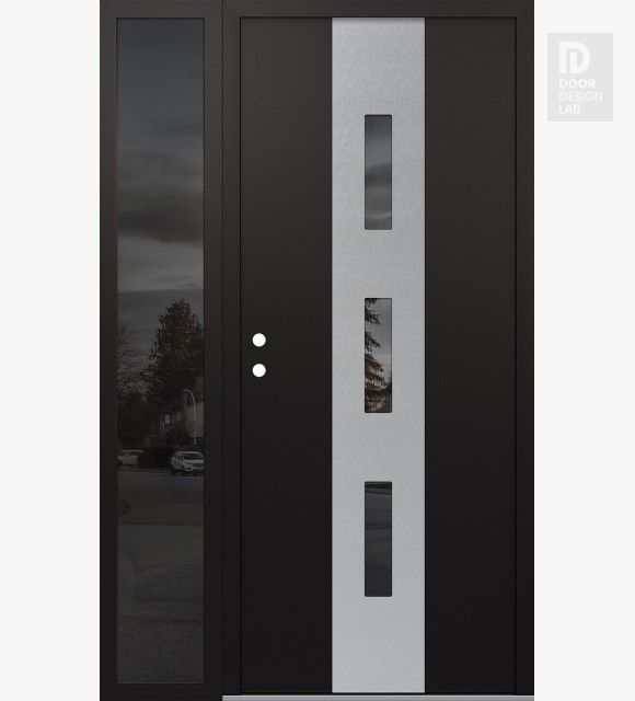 Modern Steel Front Door DIAMOND A7 48" X 80" BLACK/BLACK MIRRORED GLASS PANEL STAINLESS STEEL RHI WITH SIDELITE MIRRORED GLASS