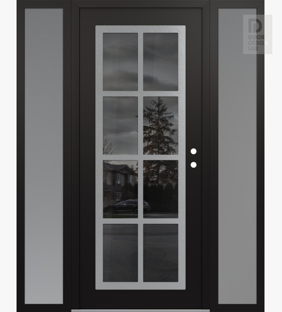Modern Steel Front Door Diamond C16 60" x 80" black/black mirrored Glass Panel stainless steel LHI with 2 Sidelites frosted Glass