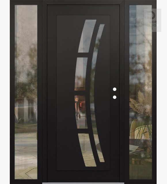 Modern Steel Front Door Diamond C12 64" x 80" black/black clear Glass Panel black LHI with 2 Sidelites clear Glass