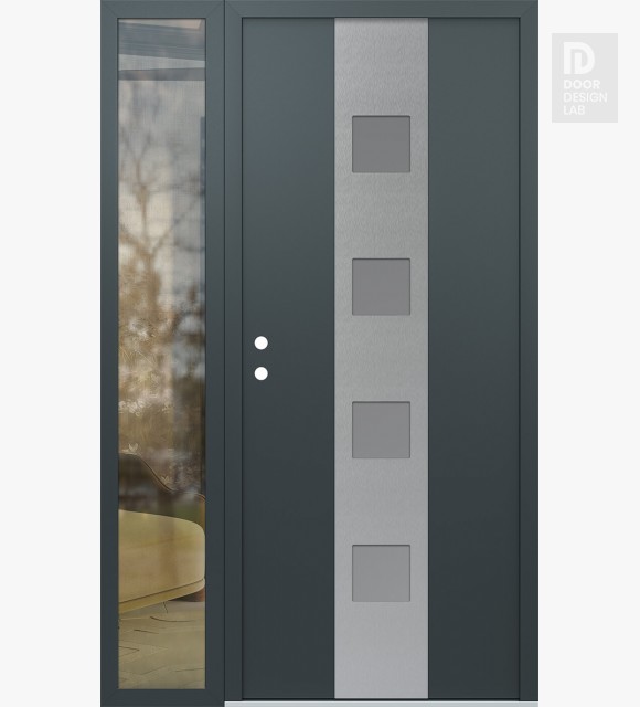 Modern Steel Front Door DIAMOND A12 50" X 80" ANTHRACITE/ANTHRACITE FROSTED GLASS PANEL STAINLESS STEEL RHI WITH SIDELITE CLEAR GLASS