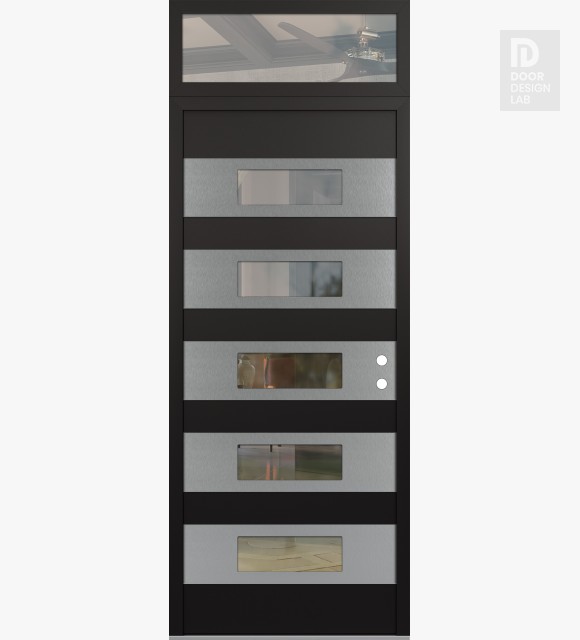 Modern Steel Front Door Diamond D5 36" x 96" black/black clear Glass Panel stainless steel LHI with Transom clear Glass