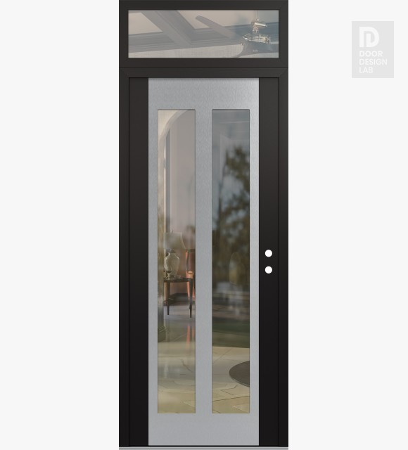 Modern Steel Front Door Diamond C14 36" x 96" black/black clear Glass Panel stainless steel LHI with Transom clear Glass