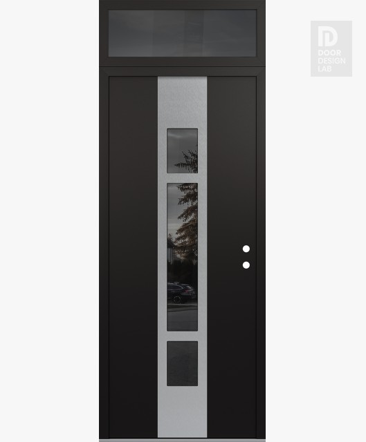 Modern Steel Front Door DIAMOND A9 36" X 96" BLACK/BLACK MIRRORED GLASS PANEL STAINLESS STEEL LHI WITH TRANSOM MIRRORED GLASS