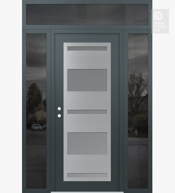 Modern Steel Front Door Diamond C10 60" x 96" anthracite/anthracite frosted Glass Panel stainless steel RHI with 2 Sidelites and Transom mirrored Glass