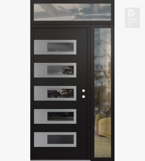 Modern Steel Front Door Diamond D3 48" x 96" black/black mirrored Glass Panel stainless steel LHI with Sidelite and Transom clear Glass