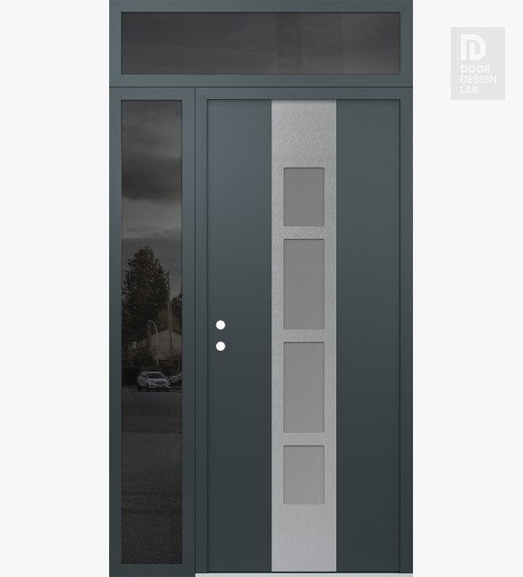 Modern Steel Front Door DIAMOND A10 48" X 96" ANTHRACITE/ANTHRACITE FROSTED GLASS PANEL STAINLESS STEEL RHI WITH SIDELITE AND TRANSOM MIRRORED GLASS