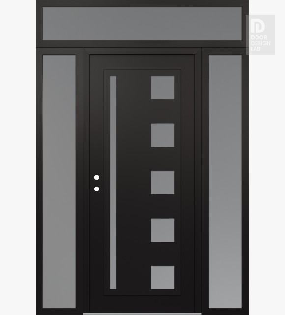 Modern Steel Front Door Diamond C3 60" x 96" black/white frosted Glass Panel black RHI with 2 Sidelites and Transom frosted Glass