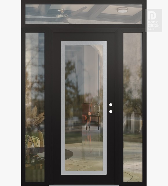 Modern Steel Front Door Diamond C1 60" x 96" black/black clear Glass Panel stainless steel LHI with 2 Sidelites and Transom clear Glass