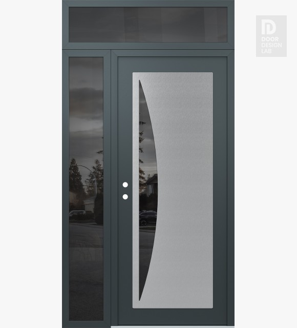 Modern Steel Front Door Diamond C13 48" x 96" anthracite/anthracite mirrored Glass Panel stainless steel RHI with Sidelite and Transom mirrored Glass