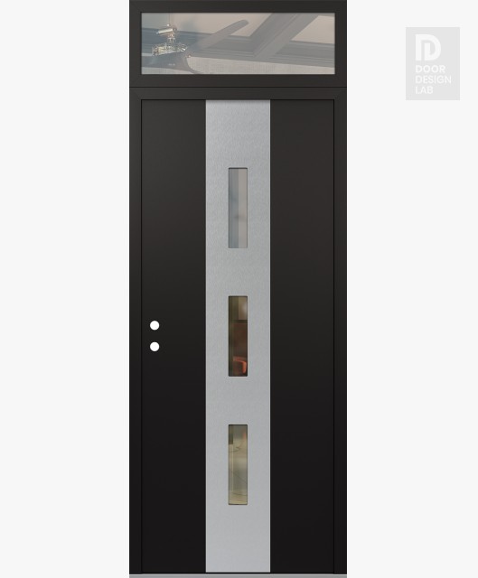 Modern Steel Front Door DIAMOND A7 36" X 96" BLACK/BLACK CLEAR GLASS PANEL STAINLESS STEEL RHI WITH TRANSOM CLEAR GLASS