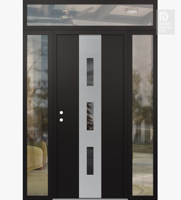 Modern Steel Front Door DIAMOND A7 68" X 96" BLACK/BLACK MIRRORED GLASS PANEL STAINLESS STEEL RHI WITH 2 SIDELITES AND TRANSOM CLEAR GLASS