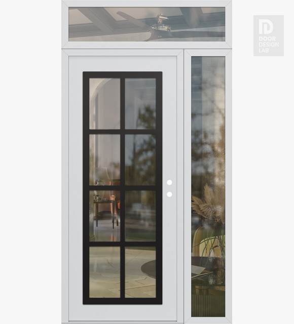 Modern Steel Front Door Diamond C16 48" x 96" white/white clear Glass Panel black LHI with Sidelite and Transom clear Glass