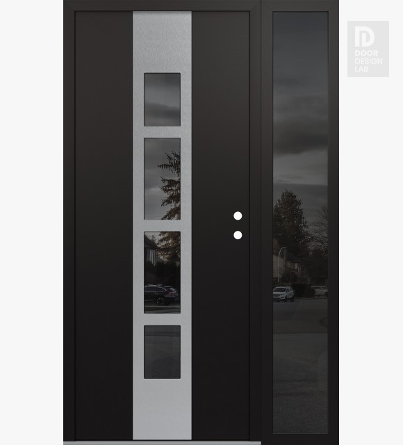 Modern Steel Front Door DIAMOND A10 50" X 80" BLACK/BLACK MIRRORED GLASS PANEL STAINLESS STEEL LHI WITH SIDELITE MIRRORED GLASS