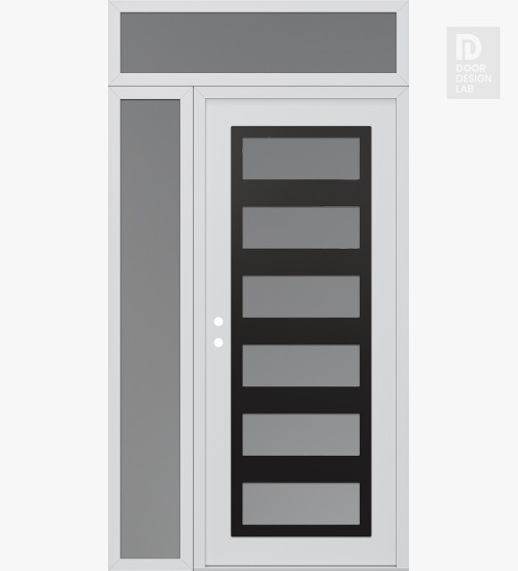 Modern Steel Front Door Diamond C9 48" x 96" white/white frosted Glass Panel black RHI with Sidelite and Transom frosted Glass