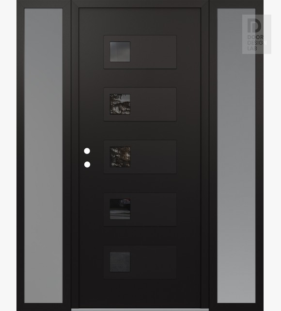 Modern Steel Front Door Diamond D2 64" x 80" black/black mirrored Glass Panel black RHI with 2 Sidelites frosted Glass