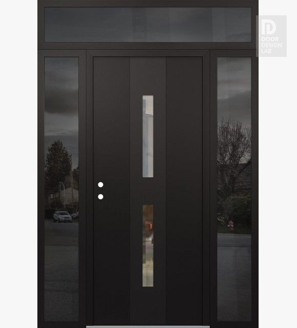Modern Steel Front Door DIAMOND A6 68" X 96" BLACK/BLACK CLEAR GLASS PANEL BLACK RHI WITH 2 SIDELITES AND TRANSOM MIRRORED GLASS
