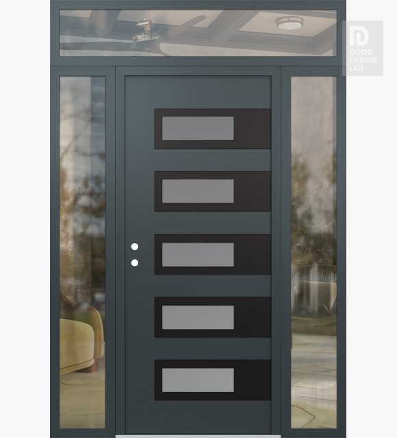 Modern Steel Front Door Diamond D3 60" x 96" anthracite/anthracite frosted Glass Panel black RHI with 2 Sidelites and Transom clear Glass