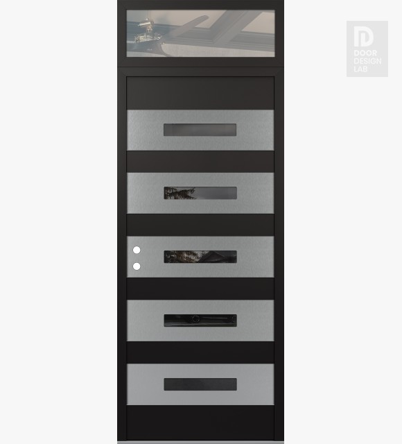Modern Steel Front Door Diamond D9 36" x 96" black/black mirrored Glass Panel stainless steel RHI with Transom clear Glass