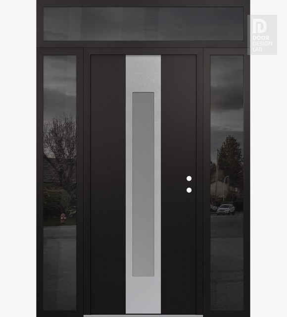 Modern Steel Front Door DIAMOND A1 64" X 96" BLACK/WHITE FROSTED GLASS PANEL STAINLESS STEEL LHI WITH 2 SIDELITES AND TRANSOM MIRRORED GLASS