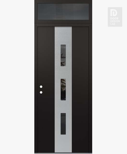 Modern Steel Front Door DIAMOND A7 36" X 96" BLACK/BLACK MIRRORED GLASS PANEL STAINLESS STEEL RHI WITH TRANSOM MIRRORED GLASS