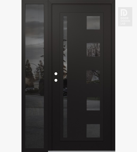Modern Steel Front Door Diamond C3 52" x 80" black/black mirrored Glass Panel black RHI with Sidelite mirrored Glass