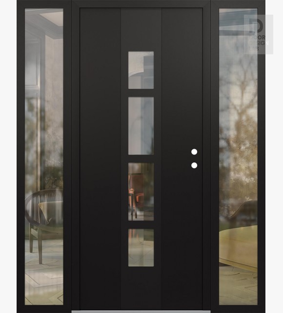 Modern Steel Front Door DIAMOND A10 60" X 80" BLACK/BLACK CLEAR GLASS PANEL BLACK LHI WITH 2 SIDELITES CLEAR GLASS