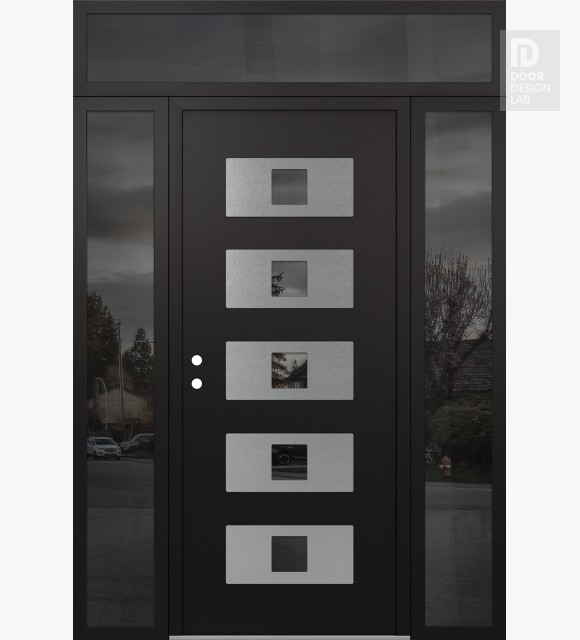 Modern Steel Front Door Diamond D8 68" x 96" black/black mirrored Glass Panel stainless steel RHI with 2 Sidelites and Transom mirrored Glass