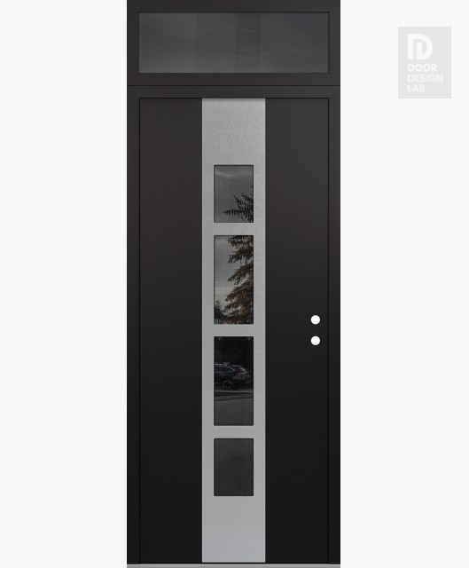 Modern Steel Front Door DIAMOND A10 36" X 96" BLACK/BLACK MIRRORED GLASS PANEL STAINLESS STEEL LHI WITH TRANSOM MIRRORED GLASS