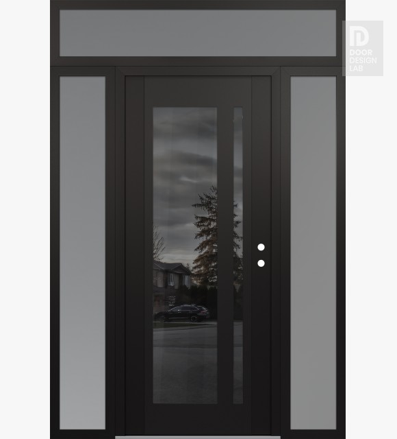 Modern Steel Front Door Diamond C15 64" x 96" black/black mirrored Glass Panel black LHI with 2 Sidelites and Transom frosted Glass