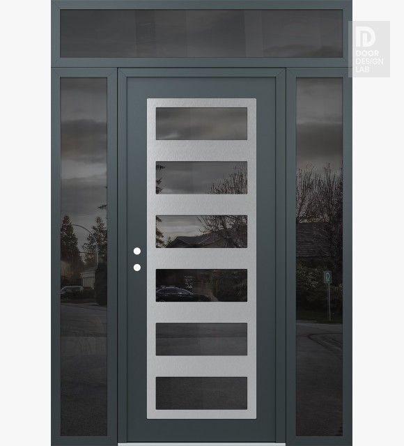 Modern Steel Front Door Diamond C9 64" x 96" anthracite/anthracite mirrored Glass Panel stainless steel RHI with 2 Sidelites and Transom mirrored Glass