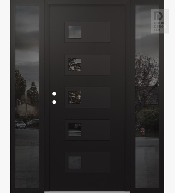 Modern Steel Front Door Diamond D2 64" x 80" black/black mirrored Glass Panel black RHI with 2 Sidelites mirrored Glass