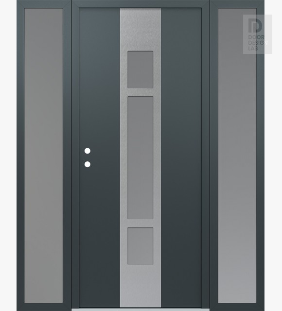 Modern Steel Front Door DIAMOND A9 60" X 80" ANTHRACITE/ANTHRACITE FROSTED GLASS PANEL STAINLESS STEEL RHI WITH 2 SIDELITES FROSTED GLASS