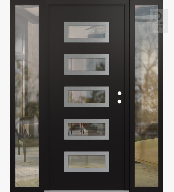 Modern Steel Front Door Diamond D1 68" x 80" black/black clear Glass Panel stainless steel LHI with 2 Sidelites clear Glass