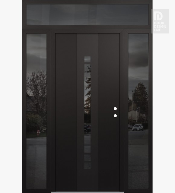 Modern Steel Front Door DIAMOND A3 60" X 96" BLACK/BLACK MIRRORED GLASS PANEL BLACK LHI WITH 2 SIDELITES AND TRANSOM MIRRORED GLASS