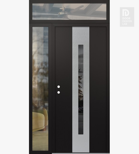 Modern Steel Front Door DIAMOND A2 50" X 96" BLACK/BLACK MIRRORED GLASS PANEL STAINLESS STEEL RHI WITH SIDELITE AND TRANSOM CLEAR GLASS