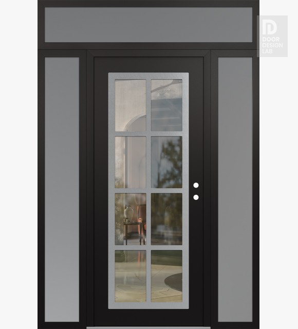 Modern Steel Front Door Diamond C16 68" x 96" black/black clear Glass Panel stainless steel LHI with 2 Sidelites and Transom frosted Glass