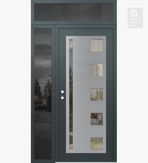 Modern Steel Front Door Diamond C3 48" x 96" anthracite/anthracite clear Glass Panel stainless steel RHI with Sidelite and Transom mirrored Glass