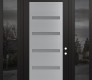 Modern Steel Front Door Diamond C7 68" x 96" black/white frosted Glass Panel stainless steel LHI with 2 Sidelites and Transom mirrored Glass