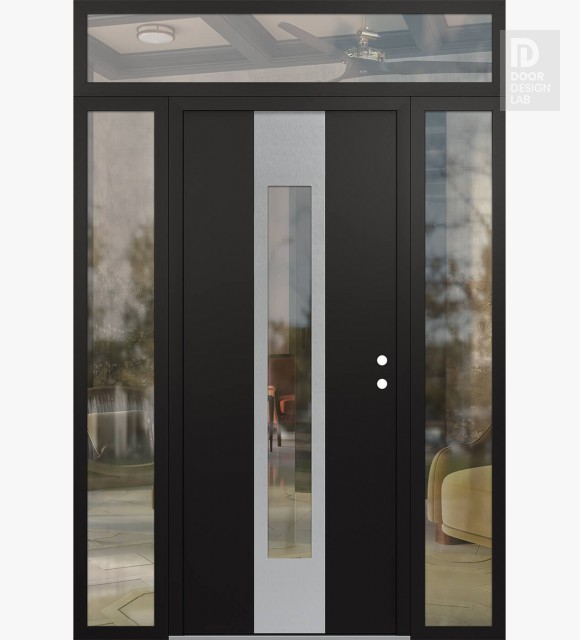 Modern Steel Front Door DIAMOND A1 60" X 96" BLACK/BLACK CLEAR GLASS PANEL STAINLESS STEEL LHI WITH 2 SIDELITES AND TRANSOM CLEAR GLASS